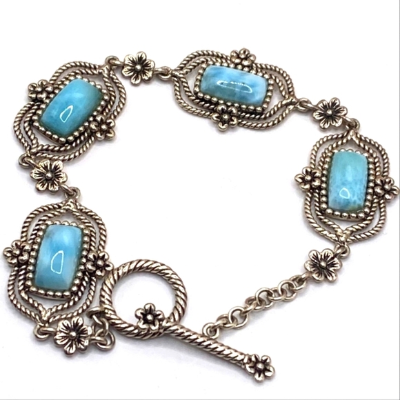 cfj Jewelry - Designer 925 Sterling Silver Larimar Balinese Floral Panel Toggle Bracelet